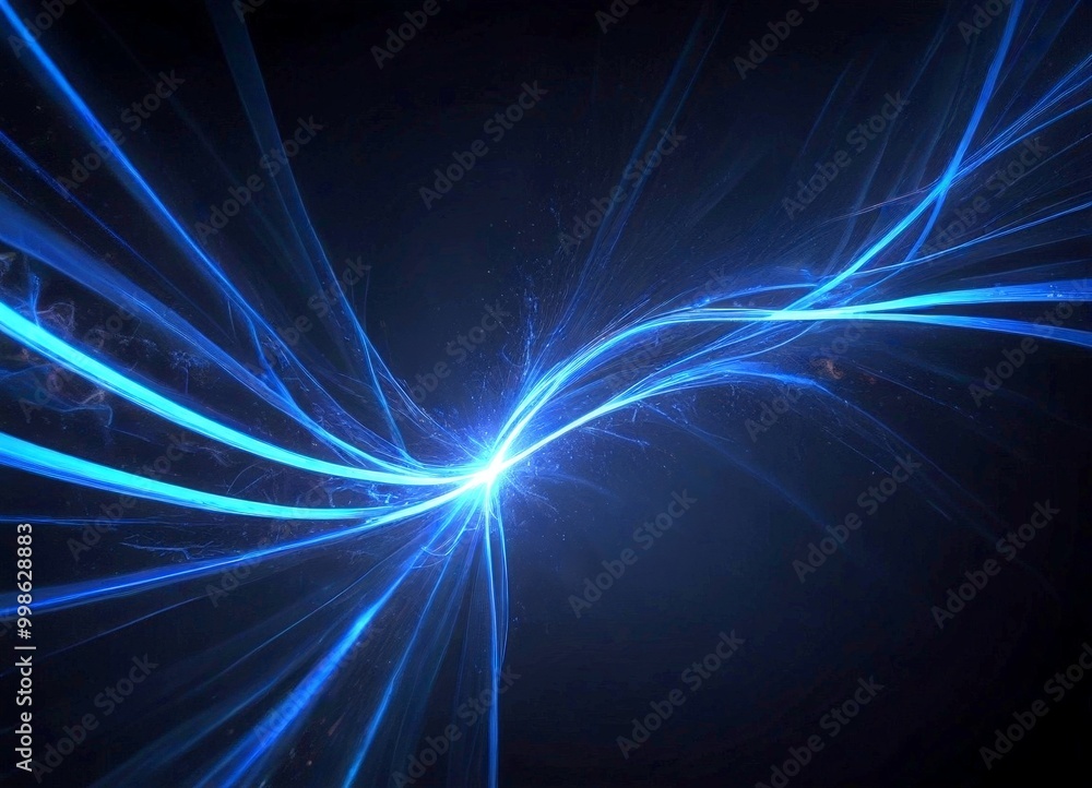 Poster a striking abstract scene of blue and white lines and rays emanating from a central point, creating a sense of movement and energy