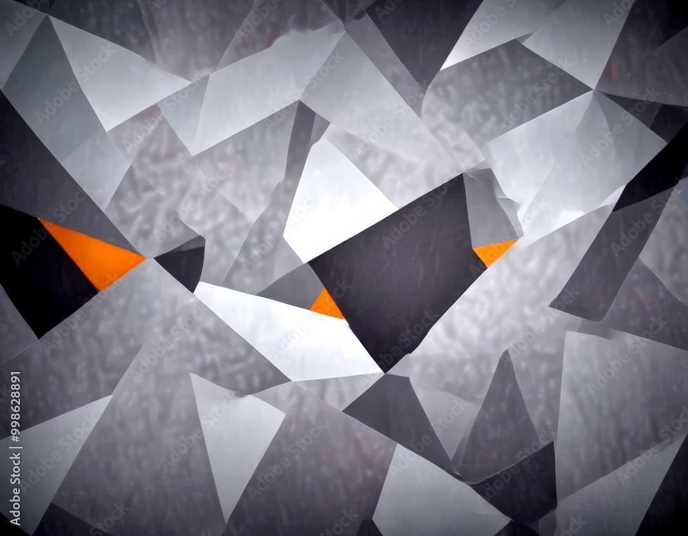 Poster a complex arrangement of overlapping triangular shapes in shades of gray and black, with a few orange triangles scattered throughout The overall composition creates a sense