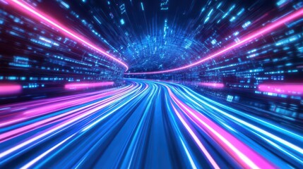 Obraz premium neon technology tunnel brilliant blue and pink light streaks form futuristic corridor digital particles and data streams convey highspeed information flow