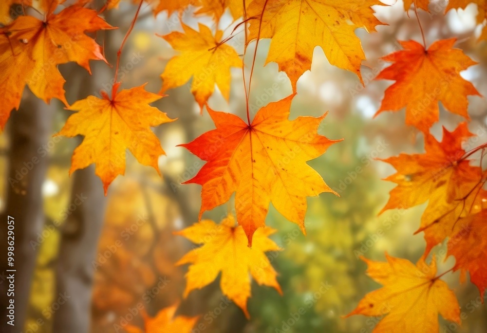 Poster a close-up view of vibrant orange and yellow maple leaves in autumn, with a blurred background of tr