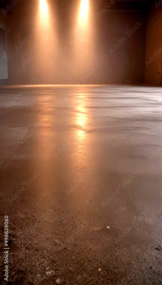 Poster a dimly lit room with a concrete floor, a large window, and a faint, hazy light source in the top le