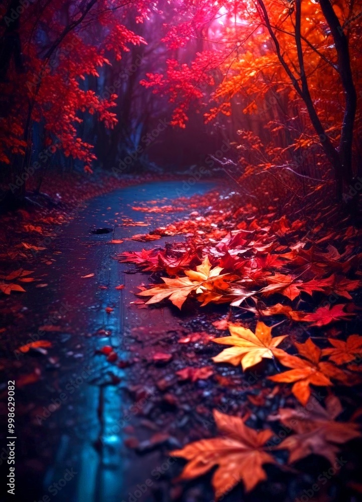 Aufkleber a tranquil autumn scene unfolds in a forest, with a winding path adorned with fallen leaves in shade