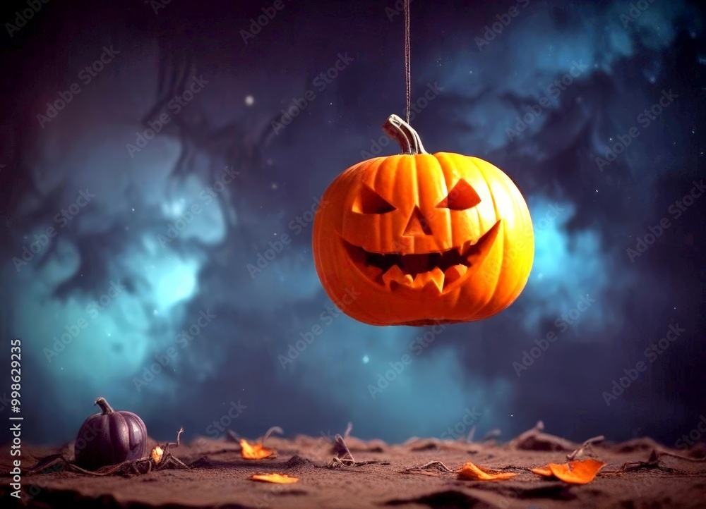 Aufkleber A carved jack-o'-lantern with a smiling face hangs from a string against a dark, cloudy sky, with a small pumpkin and fallen leaves on the ground below