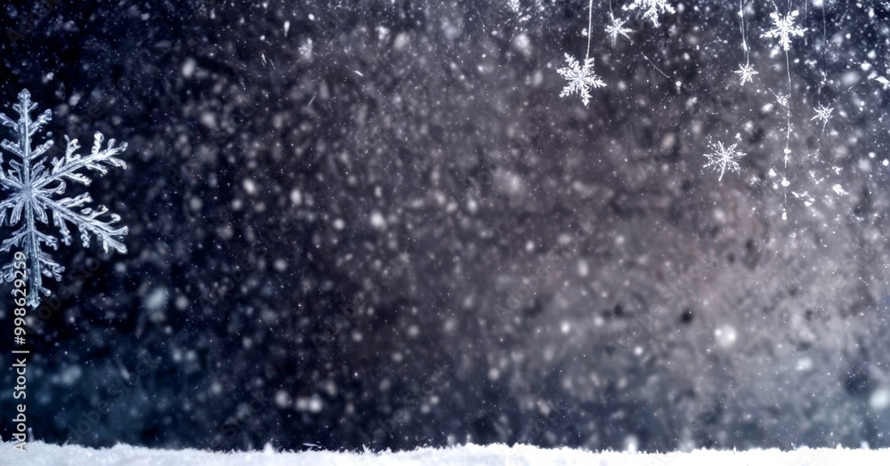 Poster Snowflakes fall against a dark background, with a single snowflake in the foreground and others scattered throughout the