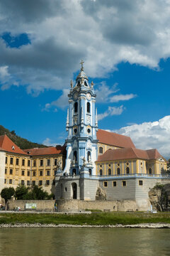 Durnstein, Austria, Europe 081424 Beautiful blue church along the Danube.