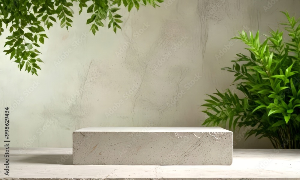 Poster a rectangular concrete block rests on a white surface, flanked by two lush green plants with leaves 