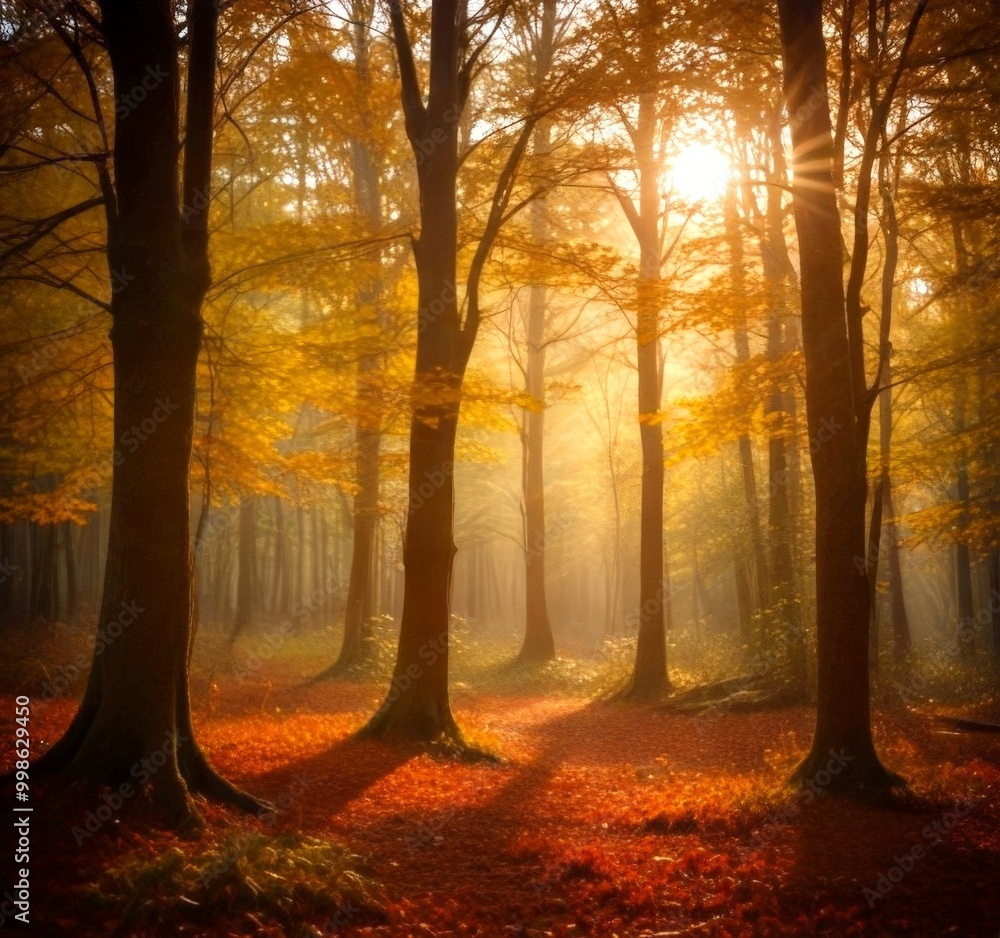 Poster a serene forest scene with sunlight filtering through the trees, casting a warm glow on the fallen l