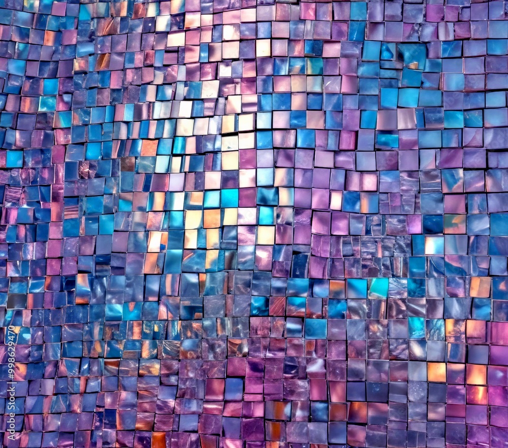 Poster a mosaic pattern composed of small square tiles in various shades of blue, purple, and pink, arrange