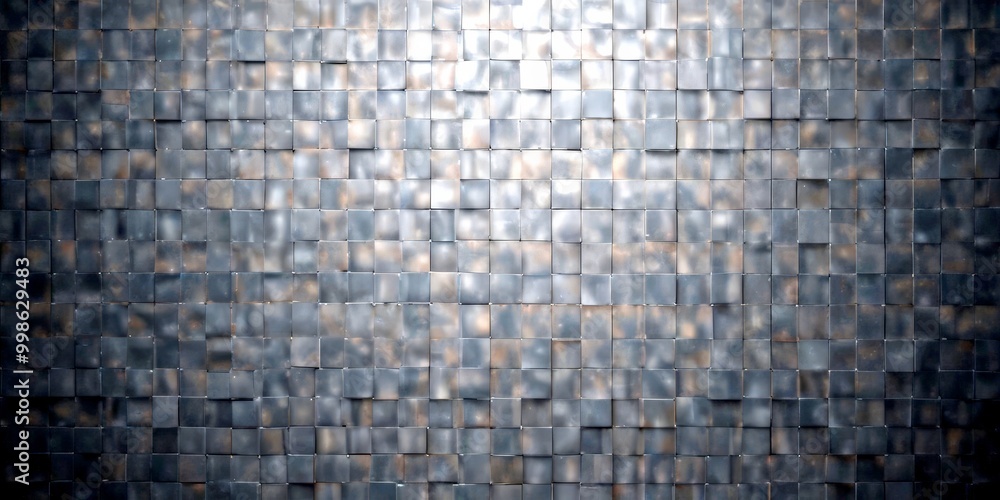 Poster a close-up view textured wall composed of small square tiles in shades of gray and brown, arranged in a grid-like pattern