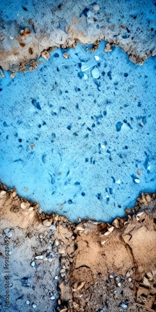 Poster aerial view rocky surface with patches of blue and brown, possibly indicating a water source or a ge