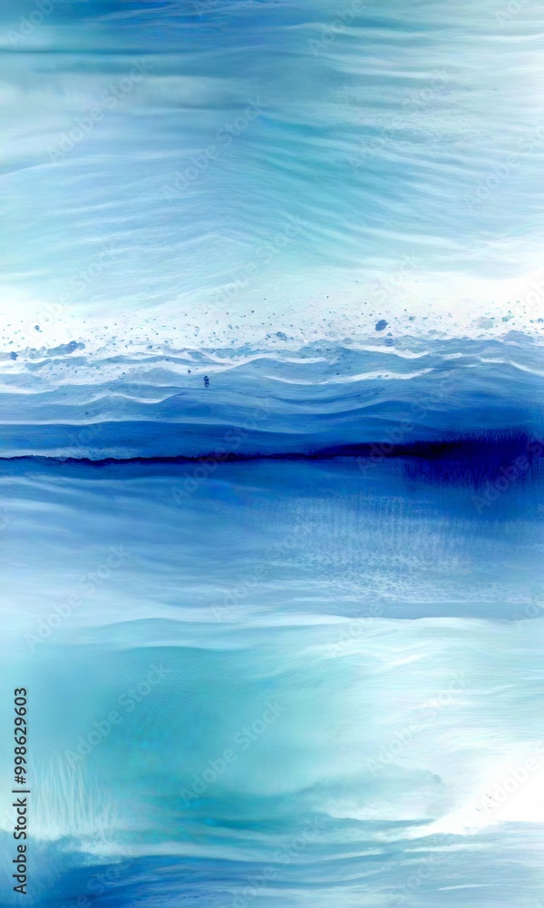 Poster a serene, abstract watercolor painting with a light blue background, featuring a subtle wave-like pa