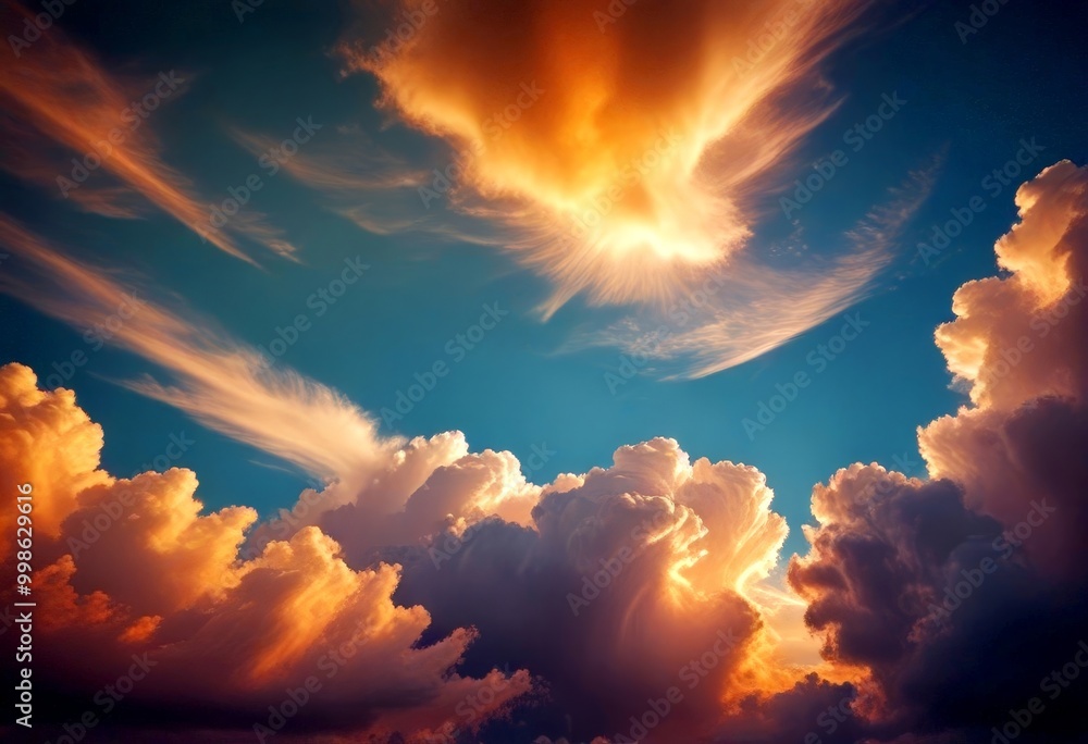 Poster a breathtaking view sky filled with vibrant, fluffy clouds, with the sun's rays peeking through the 