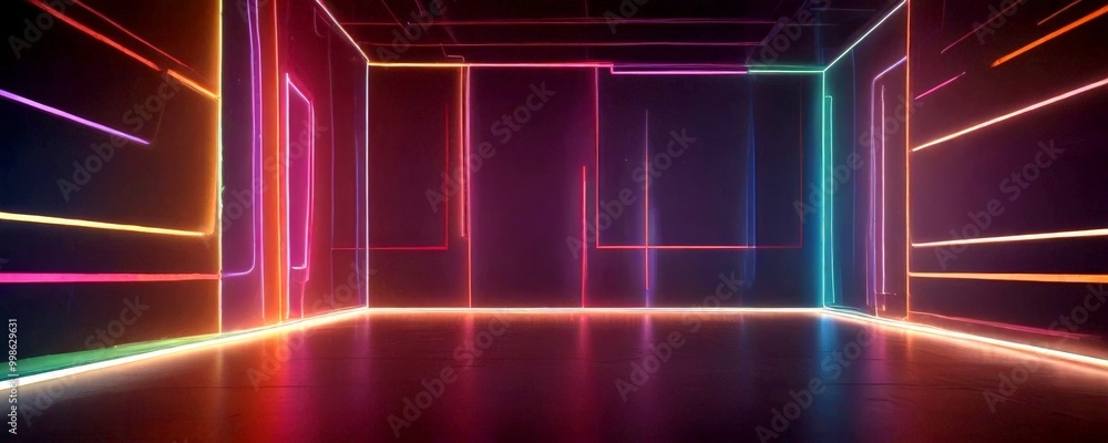 Leinwandbilder a dimly lit room with a geometric pattern of colorful lines and lights, creating a visually striking and abstract atmosphere