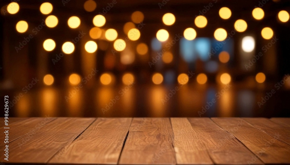 Poster A wooden table in the foreground with a blurred background of lights, creating a warm and cozy atmosphere