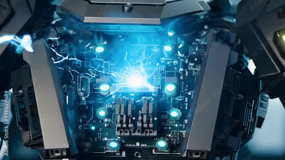 Poster Futuristic robot is showcasing its intricate internal components, revealing a network of glowing circuitry and a powerful energy source at its core