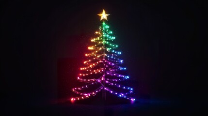 minimalist vector Christmas tree, build from big different color lights, black background ratio 16:9