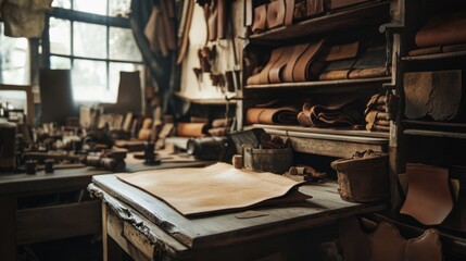 A leather working workshop with a piece of leather laid on a table, surrounded by tools and supplies.