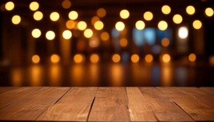 A wooden table in the foreground with a blurred background of lights, creating a warm and cozy atmosphere