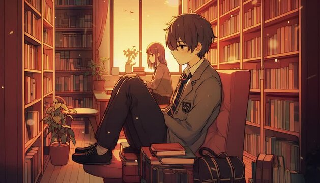 Lofi sad boy anime cartoon sitting in the library. Lofi Loop Motion Background Cover