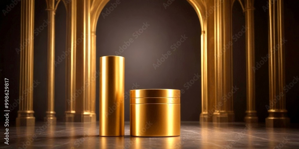 Poster Two golden cylindrical objects stand on a reflective surface, with a dark background featuring a series of golden columns