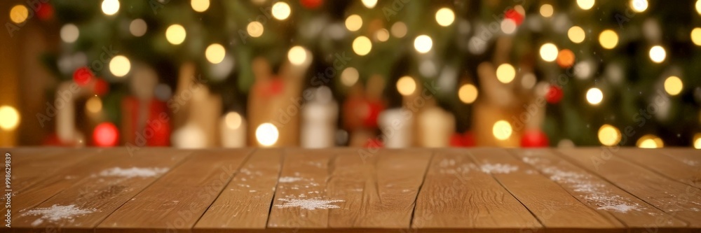 Poster a wooden table with snowflakes on its surface sits in the foreground, with a blurred christmas tree 