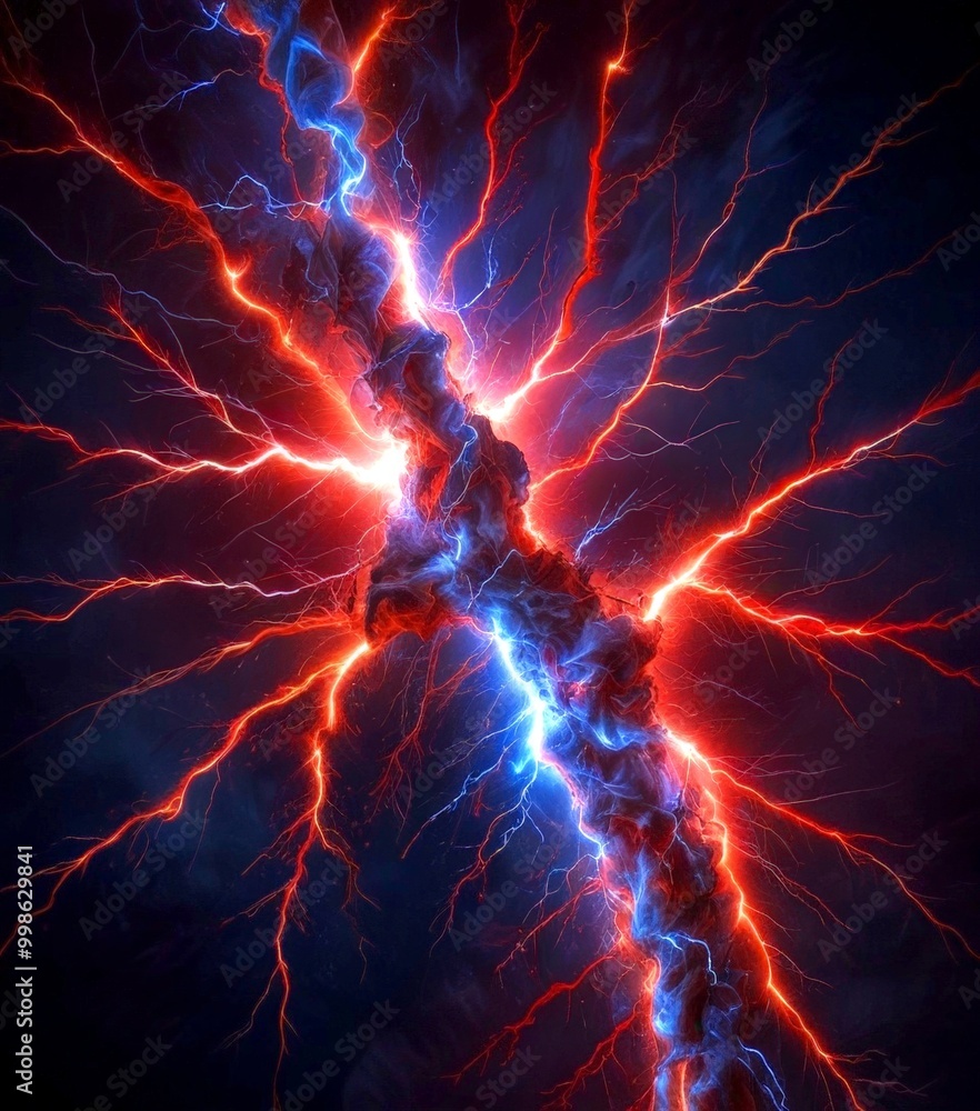 Poster a dramatic lightning strike, with a powerful surge of red and blue light emanating from the center, 