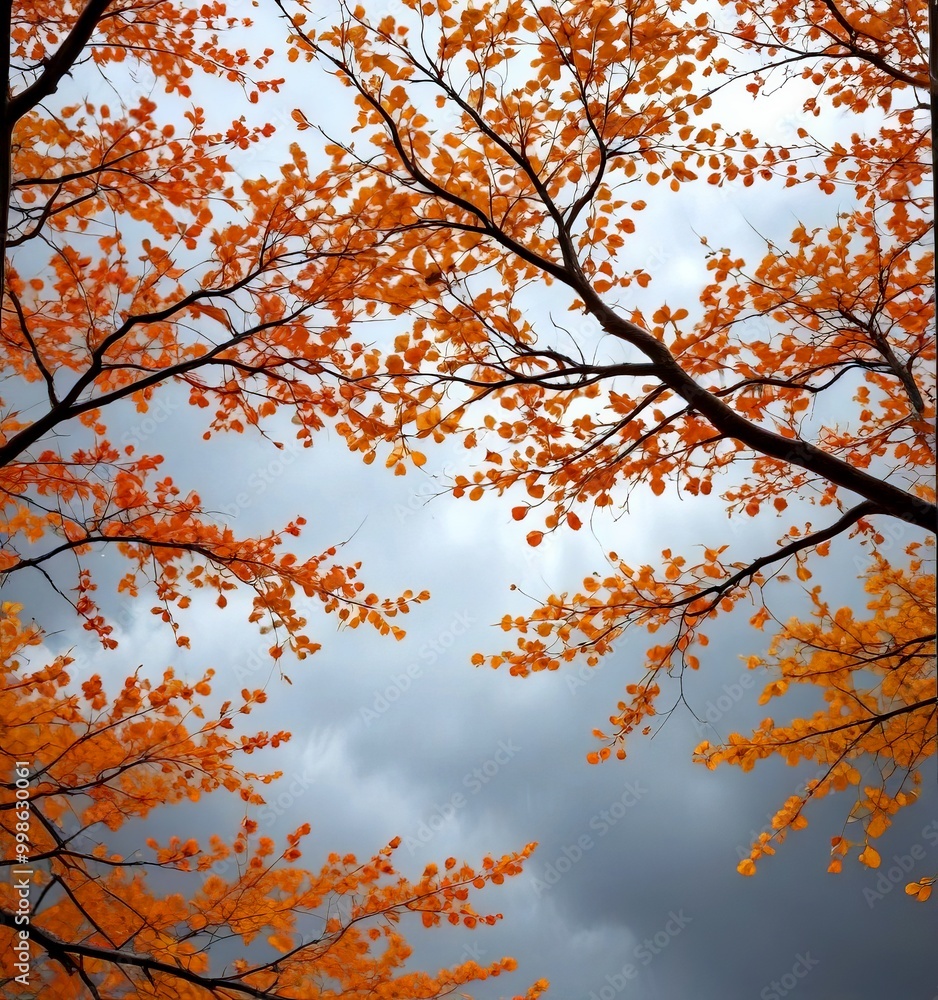 Aufkleber a tree with vibrant orange leaves against a backdrop cloudy sky, creating a striking contrast betwee
