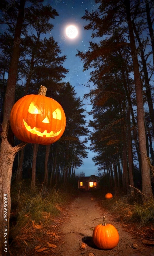 Aufkleber A jack-o'-lantern with a carved face stands on a tree branch, with a full moon and a path leading to a small house in the background