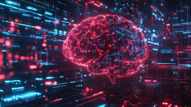 neural network visualization human brain merging with circuitry holographic data streams ai concept art futuristic mindmachine interface