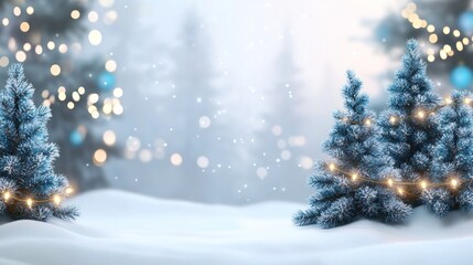 Obraz premium Snowy winter scene with two Christmas trees decorated with lights.