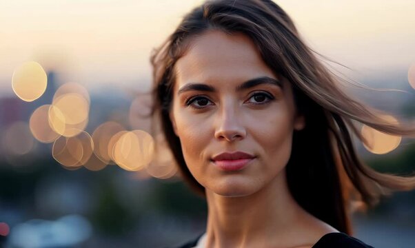 Close-Up Portrait of a Brunette Woman in the City