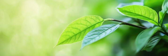 Obraz premium closeupof green leaf branch with blur sunlight background