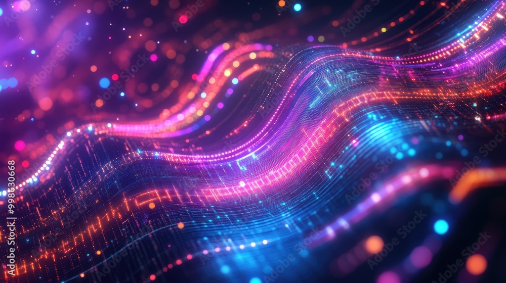 Poster stunning abstract technology computer background featuring smooth digital waves, glowing particles, 