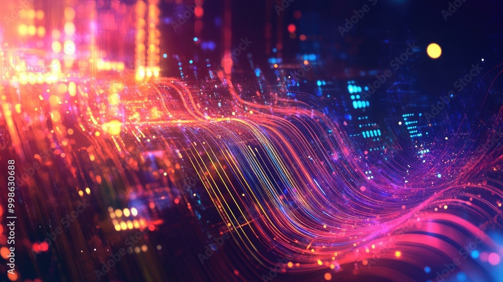 Poster stunning abstract technology computer background featuring smooth digital waves, glowing particles, 