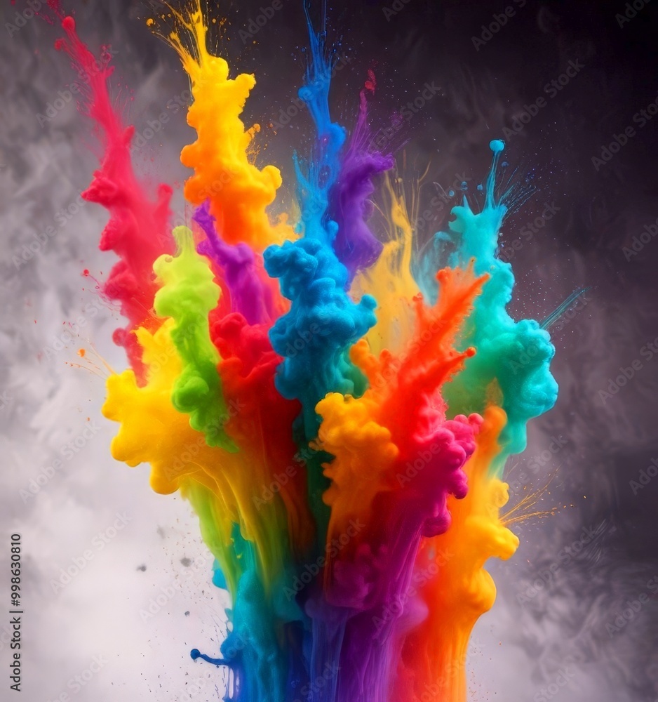Poster a vibrant explosion of colorful paint splashes against a dark background, creating a dynamic and vis