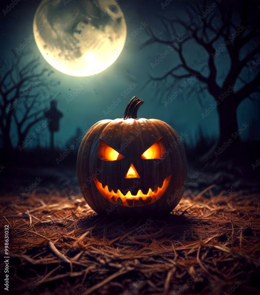 Poster a carved pumpkin with a menacing smile sits on a bed of dry leaves, with a full moon casting an eeri