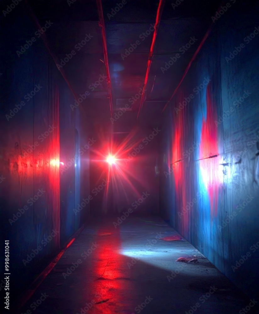 Poster a long, dimly lit corridor with a single red light shining in the center, casting a dramatic shadow 
