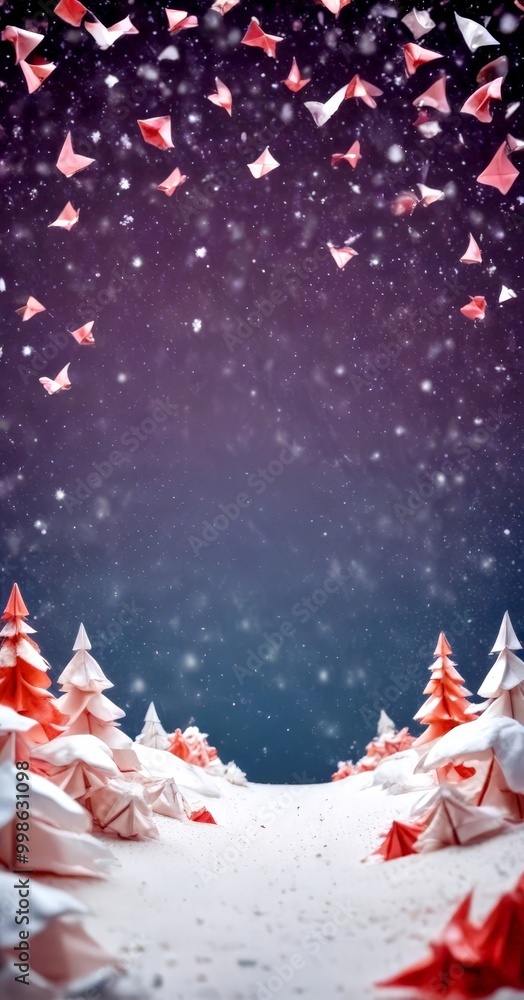 Poster a snowy winter landscape with a path leading through it, featuring trees and snowflakes in shades of