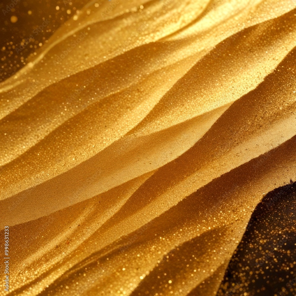 Poster a close-up view sandy surface with a golden hue, featuring a textured and granular appearance