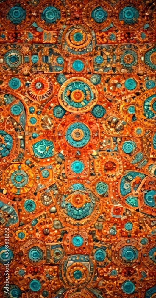 Poster a close-up view textured surface with a repeating pattern of circular shapes in various shades of blue, orange, and brown