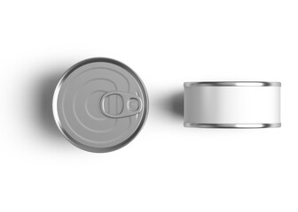 Tin can, fish or pet food mockup with pull ring. Metallic canned round with open key, metal jar...