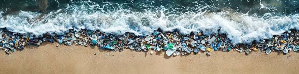 Top view of foamy waves and sandy beach with people from above.