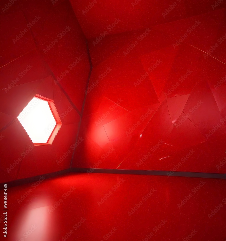 Leinwandbilder a room with a red geometric pattern on the walls and a large window with a white interior, creating a striking contrast