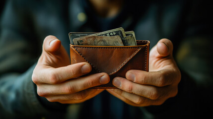 Fototapeta premium Bankruptcy Concept: Empty Wallet in Hands of Man Representing Economic Downturn, Crisis, High Cost of Living, No Credit, Financial Struggle, Urban Life Poverty