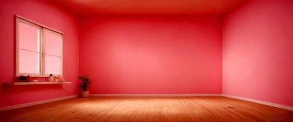A bright pink room with a window, wooden floor, and a plant on a shelf, creating a serene and inviting atmosphere