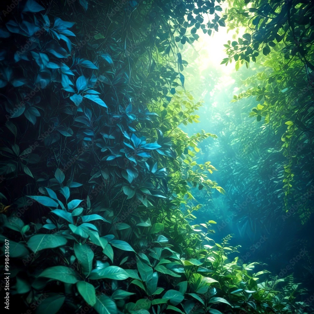 Poster a dense, lush forest with a variety of green foliage, including leaves and branches, creating a sens