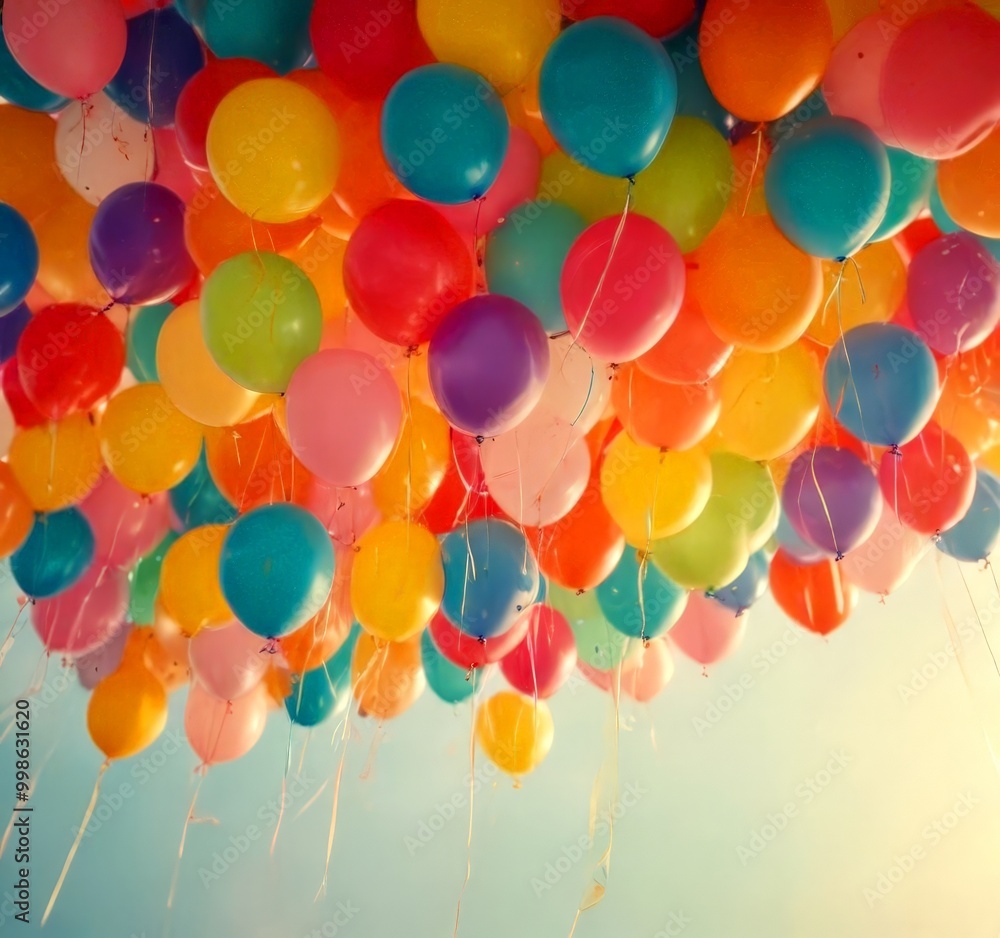 Poster a vibrant array of multicolored balloons floats against a clear blue sky, creating a festive and joy