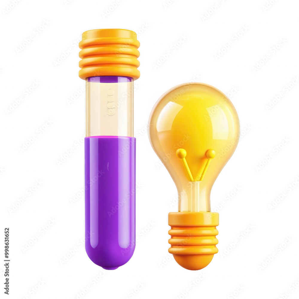 Poster an imaginative design featuring a yellow light bulb next to a purple test tube. both objects have pl