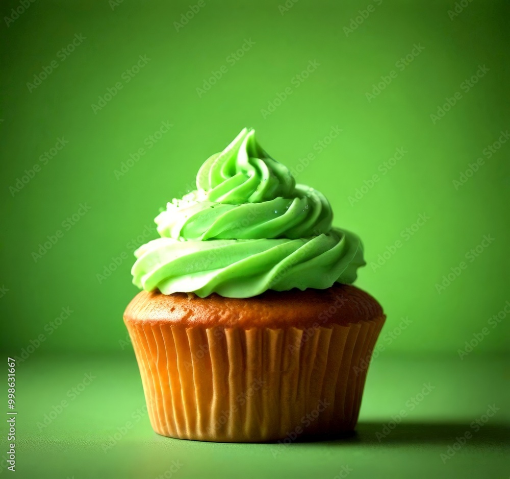 Poster a cupcake with a swirl of green frosting on top, set against a solid green background