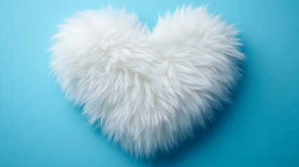 Fluffy White Heart Shape on Baby Blue Minimal Background, Soft Texture, Romantic and Cozy Valentine's Day Concept, Decorative Fur Love Symbol for Celebrations and Holidays, Relaxation and Comfort